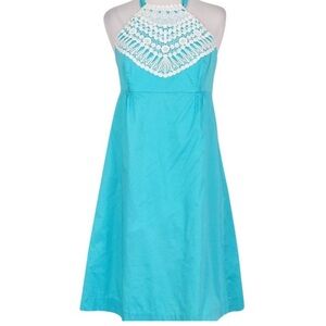 Lilly Pulitzer Brighton sateen Turquoise Blue & White Crochet Halter Dress 12